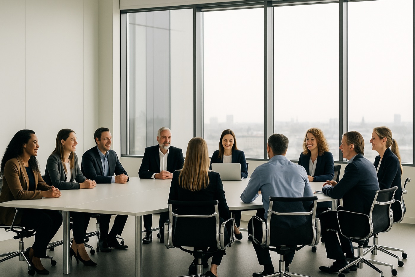 Il team Alpha Tech riunito in ufficio durante una riunione di lavoro